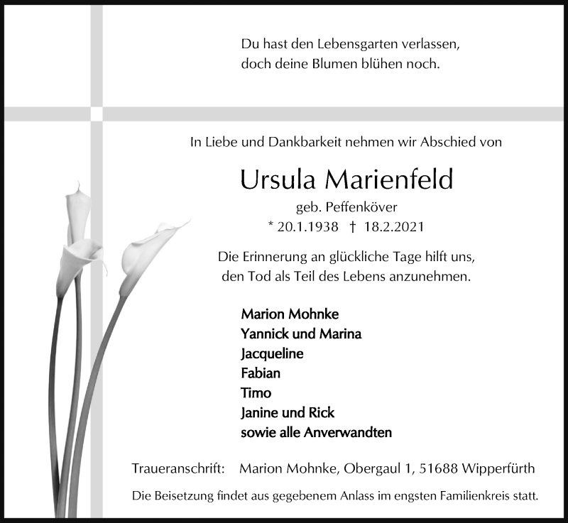  Traueranzeige für Ursula Marienfeld vom 02.03.2021 aus Kölner Stadt-Anzeiger / Kölnische Rundschau / Express