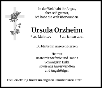 Anzeige von Ursula Orzheim von Kölner Stadt-Anzeiger / Kölnische Rundschau / Express