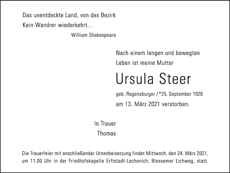  Traueranzeige für Ursula Steer vom 19.03.2021 aus  Werbepost 