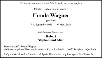 Anzeige von Ursula Wagner von Kölner Stadt-Anzeiger / Kölnische Rundschau / Express