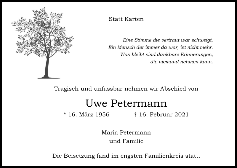  Traueranzeige für Uwe Petermann vom 06.03.2021 aus Kölner Stadt-Anzeiger / Kölnische Rundschau / Express