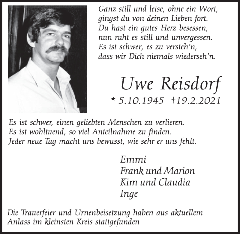  Traueranzeige für Uwe Reisdorf vom 12.03.2021 aus  Schlossbote/Werbekurier 