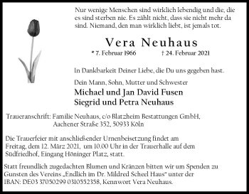 Anzeige von Vera Neuhaus von Kölner Stadt-Anzeiger / Kölnische Rundschau / Express