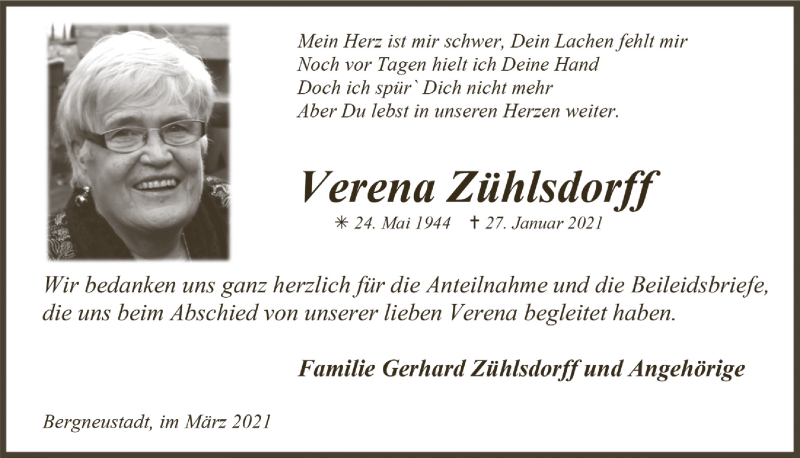  Traueranzeige für Verena Zühlsdorff vom 12.03.2021 aus  Anzeigen Echo 