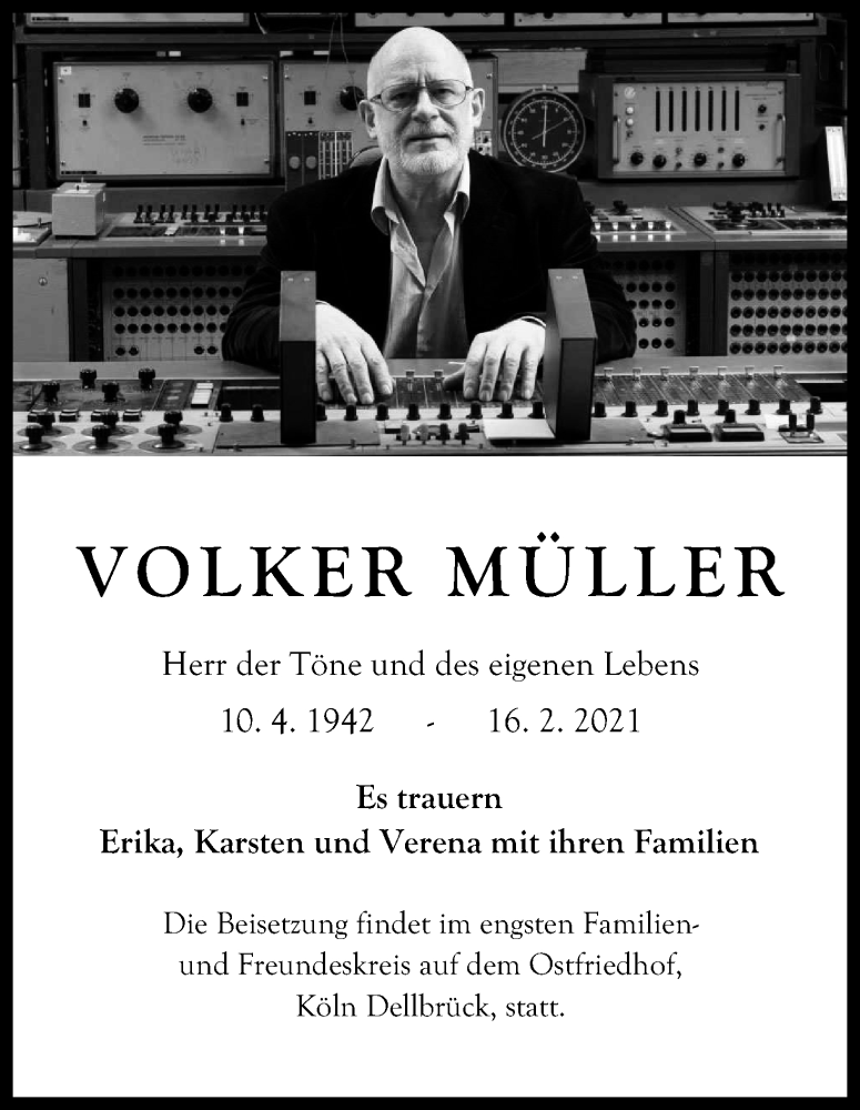  Traueranzeige für Volker Müller vom 06.03.2021 aus Kölner Stadt-Anzeiger / Kölnische Rundschau / Express