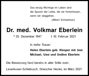 Anzeige von Volkmar Eberlein von Kölner Stadt-Anzeiger / Kölnische Rundschau / Express