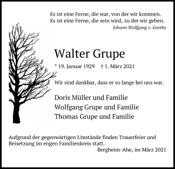 Anzeige von Walter Grupe von Kölner Stadt-Anzeiger / Kölnische Rundschau / Express