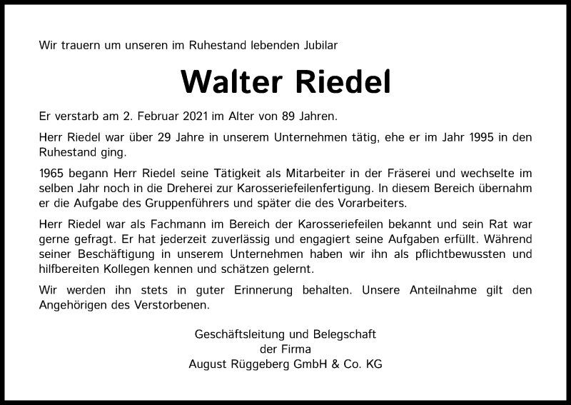 Traueranzeige für Walter Riedel vom 09.03.2021 aus Kölner Stadt-Anzeiger / Kölnische Rundschau / Express