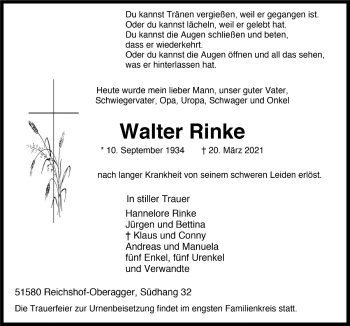 Anzeige von Walter Rinke von  Anzeigen Echo 