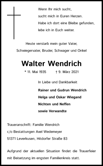 Anzeige von Walter Wendrich von Kölner Stadt-Anzeiger / Kölnische Rundschau / Express