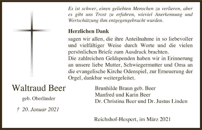  Traueranzeige für Waltraud Beer vom 19.03.2021 aus  Anzeigen Echo  Lokalanzeiger 