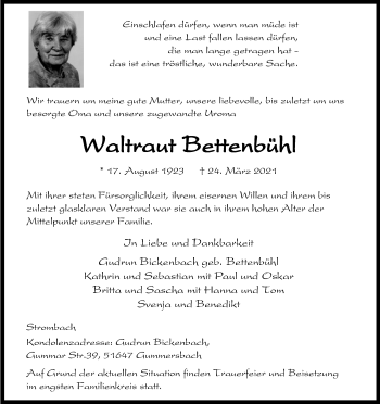 Anzeige von Waltraut Bettenbühl von Kölner Stadt-Anzeiger / Kölnische Rundschau / Express