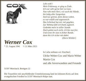 Anzeige von Werner Cox von  Lokalanzeiger 