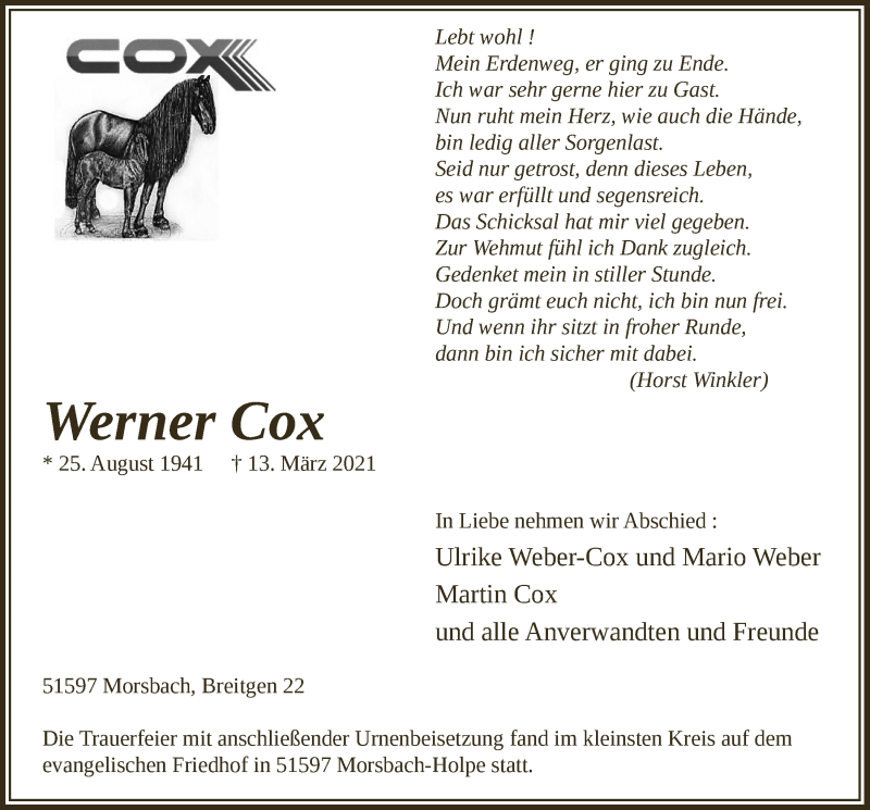  Traueranzeige für Werner Cox vom 19.03.2021 aus  Lokalanzeiger 