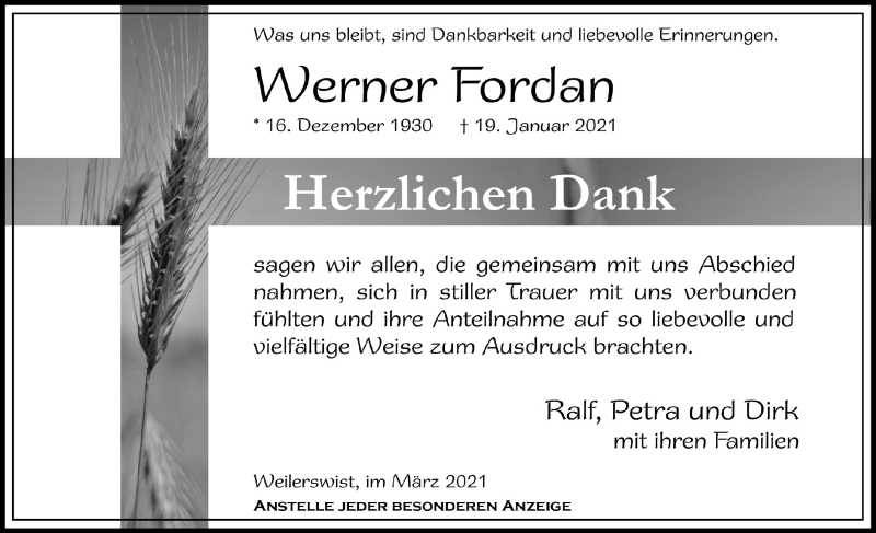  Traueranzeige für Werner Fordan vom 06.03.2021 aus  Blickpunkt Euskirchen 