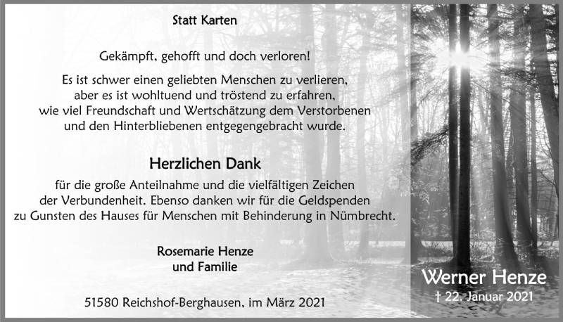  Traueranzeige für Werner Henze vom 12.03.2021 aus  Anzeigen Echo 