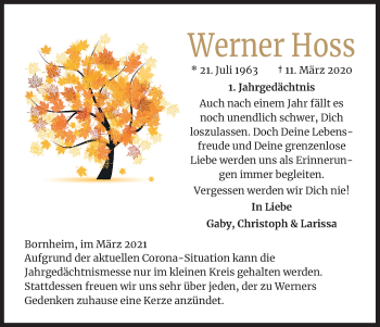 Anzeige von Werner Hoss von Kölner Stadt-Anzeiger / Kölnische Rundschau / Express