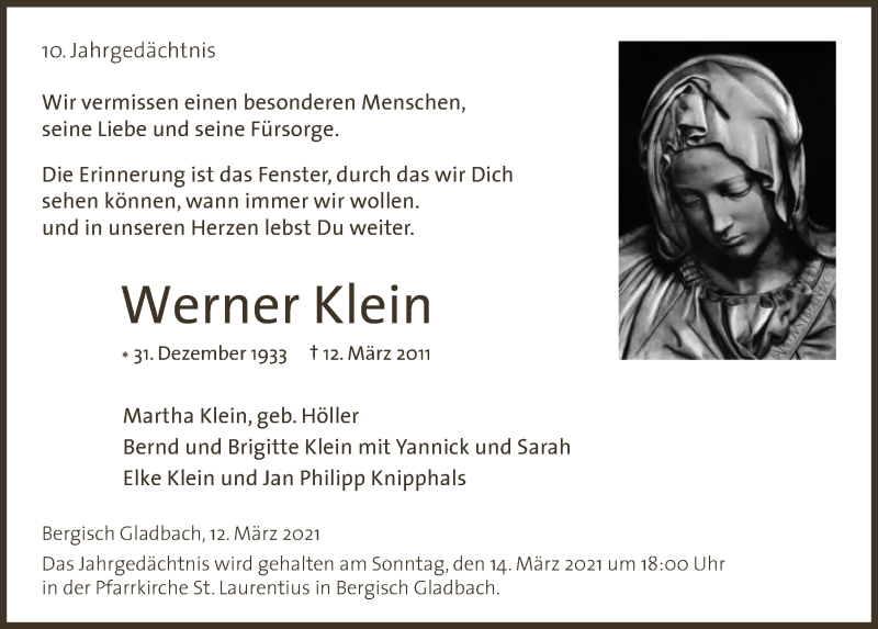  Traueranzeige für Werner Klein vom 12.03.2021 aus  Bergisches Handelsblatt 
