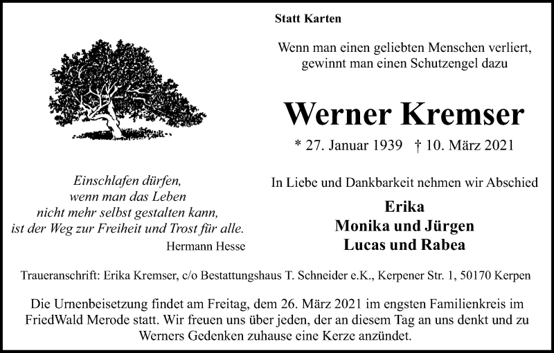  Traueranzeige für Werner Kremser vom 20.03.2021 aus Kölner Stadt-Anzeiger / Kölnische Rundschau / Express