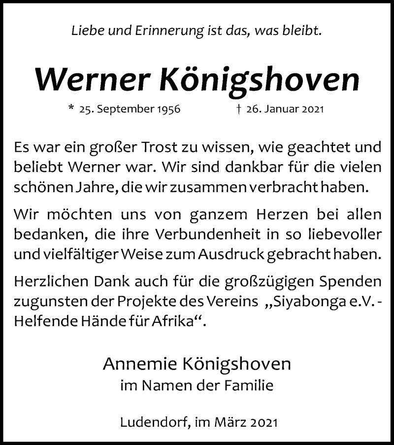  Traueranzeige für Werner Königshoven vom 06.03.2021 aus Kölner Stadt-Anzeiger / Kölnische Rundschau / Express