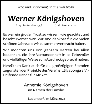 Anzeige von Werner Königshoven von Kölner Stadt-Anzeiger / Kölnische Rundschau / Express