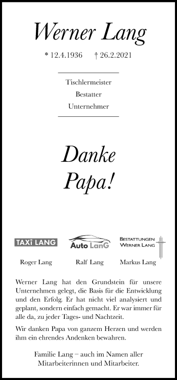 Anzeige von Werner Lang von Kölner Stadt-Anzeiger / Kölnische Rundschau / Express