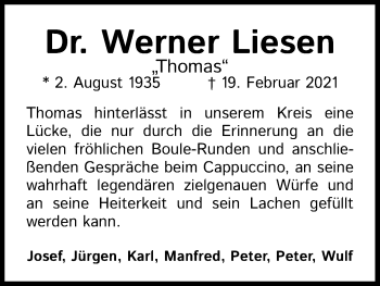 Anzeige von Werner Liesen von Kölner Stadt-Anzeiger / Kölnische Rundschau / Express