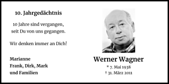 Anzeige von Werner Wagner von Kölner Stadt-Anzeiger / Kölnische Rundschau / Express