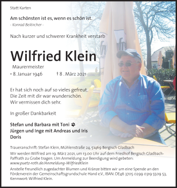 Anzeige von Wilfried Klein von Kölner Stadt-Anzeiger / Kölnische Rundschau / Express