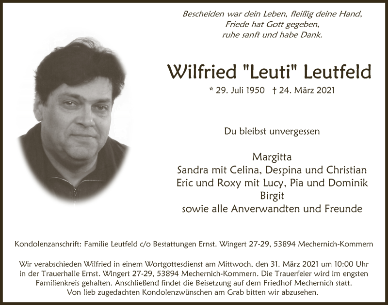  Traueranzeige für Wilfried Leutfeld vom 27.03.2021 aus  Blickpunkt Euskirchen 