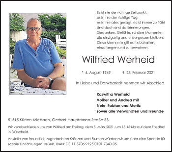 Anzeige von Wilfried Werheid von Kölner Stadt-Anzeiger / Kölnische Rundschau / Express