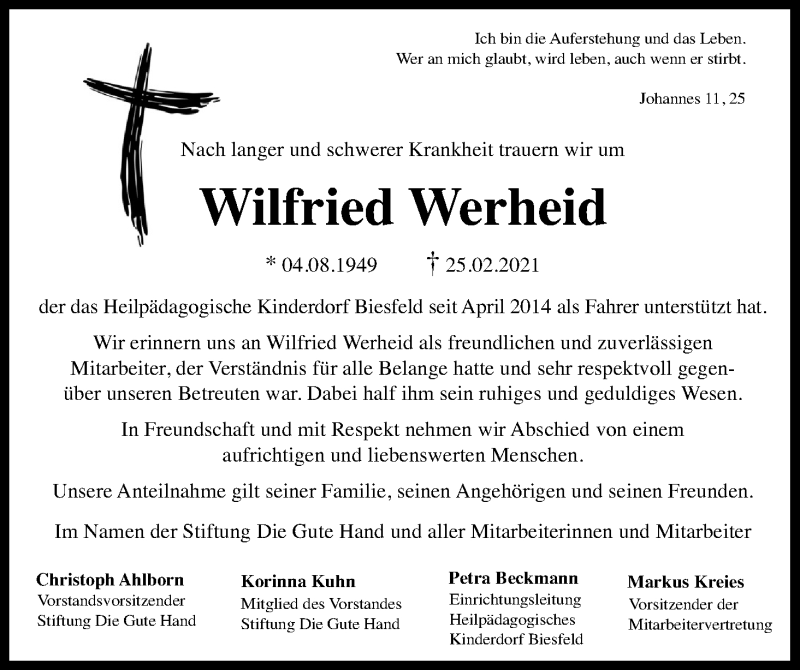  Traueranzeige für Wilfried Werheid vom 13.03.2021 aus Kölner Stadt-Anzeiger / Kölnische Rundschau / Express