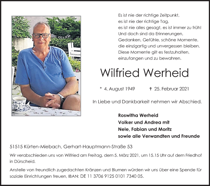  Traueranzeige für Wilfried Werheid vom 03.03.2021 aus Kölner Stadt-Anzeiger / Kölnische Rundschau / Express