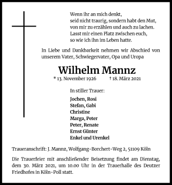 Anzeige von Wilhelm Mannz von Kölner Stadt-Anzeiger / Kölnische Rundschau / Express
