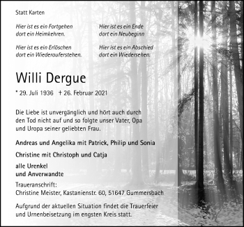 Anzeige von Willi Dergue von  Anzeigen Echo 