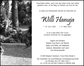 Anzeige von Willi Hanuja von  Bergisches Handelsblatt 