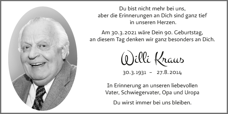  Traueranzeige für Willi Kraus vom 26.03.2021 aus  Bergisches Handelsblatt 