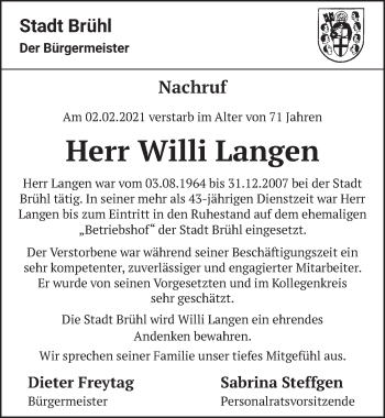 Anzeige von Willi Langen von  Schlossbote/Werbekurier 