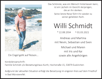 Anzeige von Willi Schmidt von Kölner Stadt-Anzeiger / Kölnische Rundschau / Express