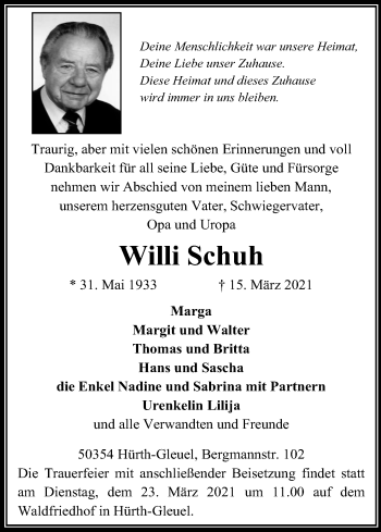 Anzeige von Willi Schuh von Kölner Stadt-Anzeiger / Kölnische Rundschau / Express