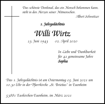 Anzeige von Willi Wirtz von Kölner Stadt-Anzeiger / Kölnische Rundschau / Express