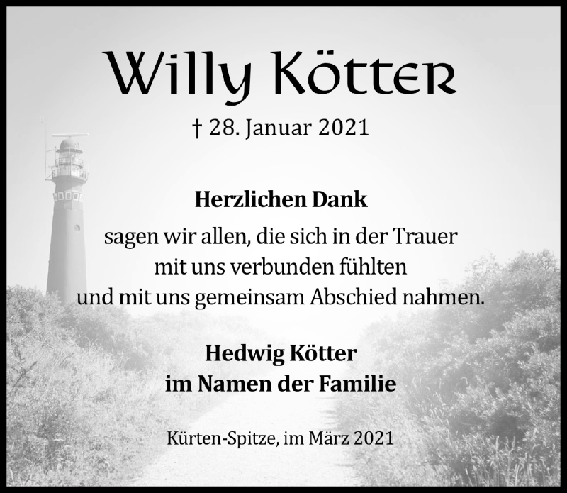  Traueranzeige für Willy Kötter vom 12.03.2021 aus  Bergisches Handelsblatt 