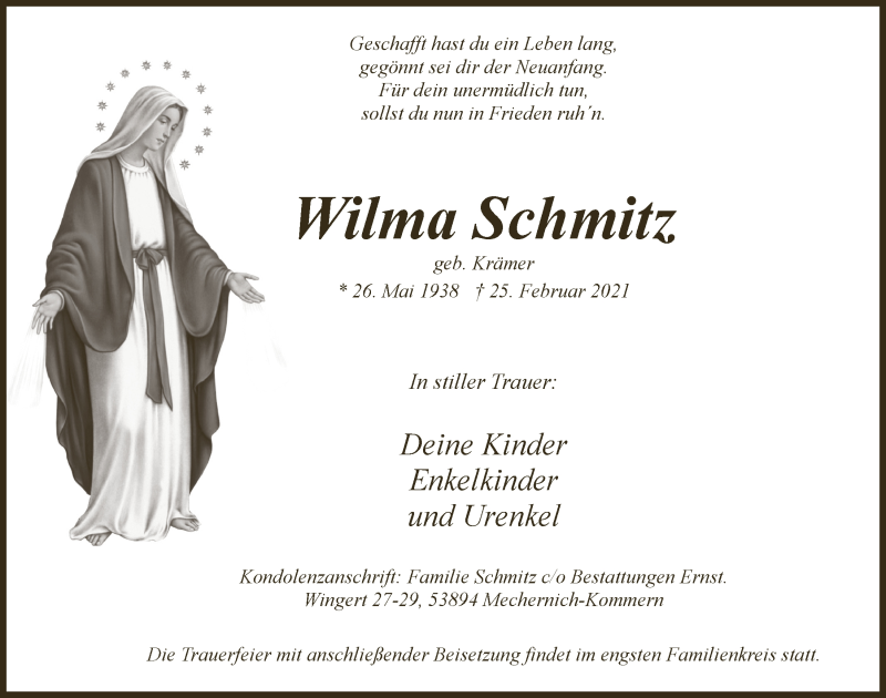  Traueranzeige für Wilma Schmitz vom 06.03.2021 aus  Blickpunkt Euskirchen 