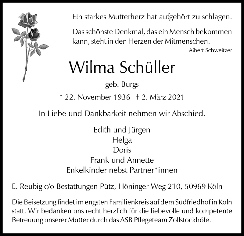  Traueranzeige für Wilma Schüller vom 06.03.2021 aus Kölner Stadt-Anzeiger / Kölnische Rundschau / Express