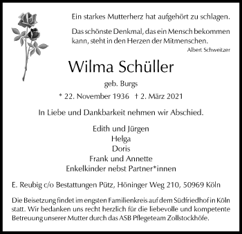Anzeige von Wilma Schüller von Kölner Stadt-Anzeiger / Kölnische Rundschau / Express
