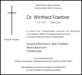 Anzeige von Winfried Faerber von Kölner Stadt-Anzeiger / Kölnische Rundschau / Express