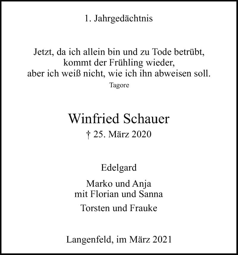  Traueranzeige für Winfried Schauer vom 25.03.2021 aus Kölner Stadt-Anzeiger / Kölnische Rundschau / Express