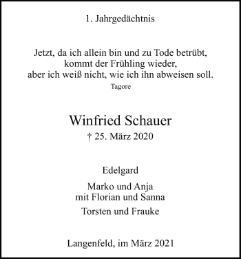 Anzeige von Winfried Schauer von Kölner Stadt-Anzeiger / Kölnische Rundschau / Express