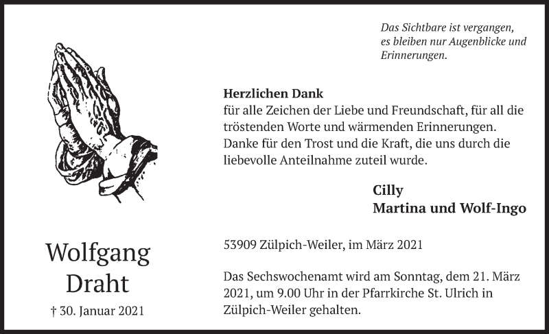  Traueranzeige für Wolfgang Draht vom 13.03.2021 aus  Blickpunkt Euskirchen 