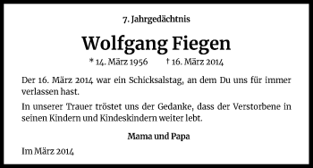 Anzeige von Wolfgang Fiegen von Kölner Stadt-Anzeiger / Kölnische Rundschau / Express